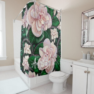 Peach Watercolor Flowers with Custom Name Shower Curtain