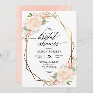 Peach watercolor geometric frame bridal shower invitation