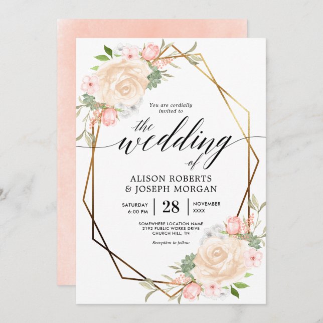 Peach watercolor gold geometric frame wedding invitation (Front/Back)