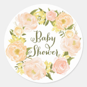 Peach Watercolor Peonies Wreath Baby Shower Classic Round Sticker