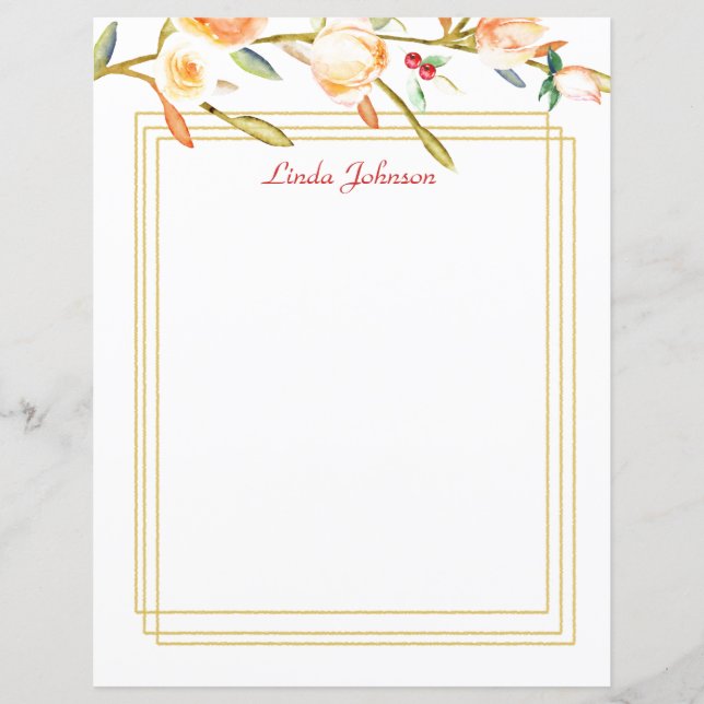 Peach Watercolor Rose Branch Stationery (Front)