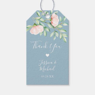 Peach Watercolor Rose Dusty Blue Wedding Thank You Gift Tags