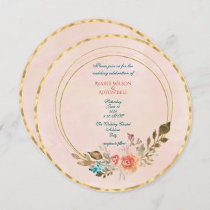 Peach Watercolor Roses and Gold Geometric Frame  Invitation