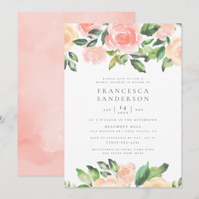 Peach Watercolor Roses | Elegant Bridal Shower Invitation (Front/Back)