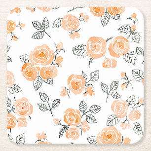 Peach watercolor roses pattern square paper coaster