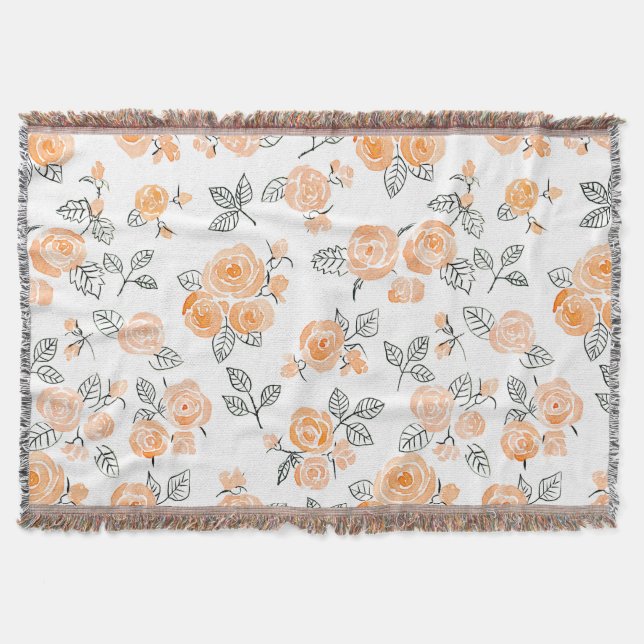 Peach watercolor roses pattern throw blanket (Front)