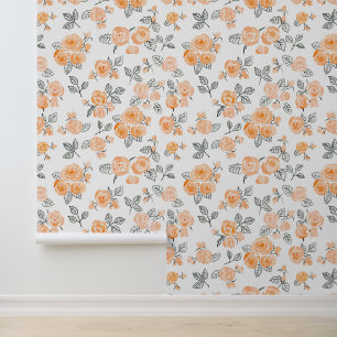 Peach watercolor roses pattern wallpaper