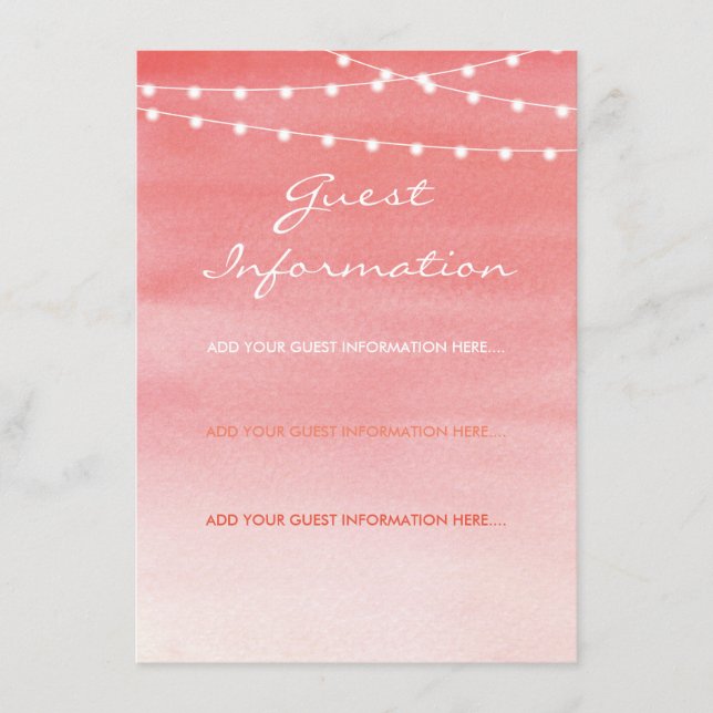 Peach Watercolor String Lights Guest Information Enclosure Card (Front)