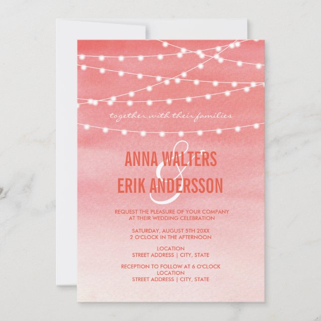 Peach Watercolor String Lights Invitation (Front)