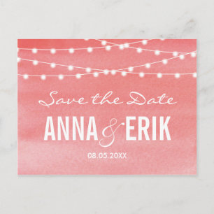 Peach Watercolor String Lights Save The Date Announcement Postcard