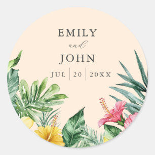 Peach Watercolor Tropical Flowers Wedding Favour Classic Round Sticker