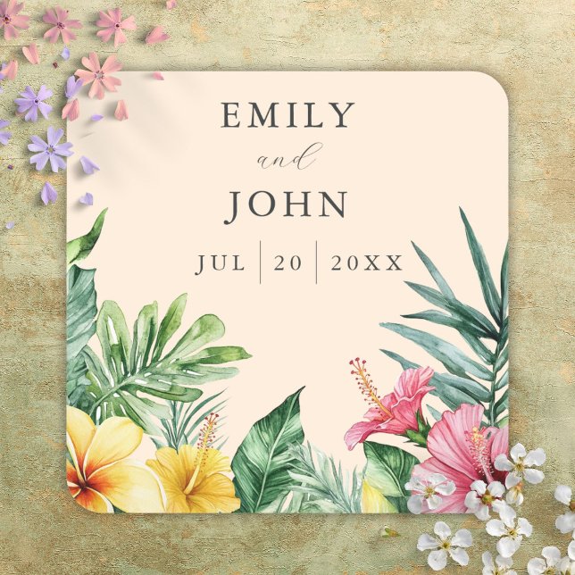 Peach Watercolor Tropical Flowers Wedding Favour Square Sticker (Peach Watercolor Tropical Flowers Wedding Favor Square Sticker)
