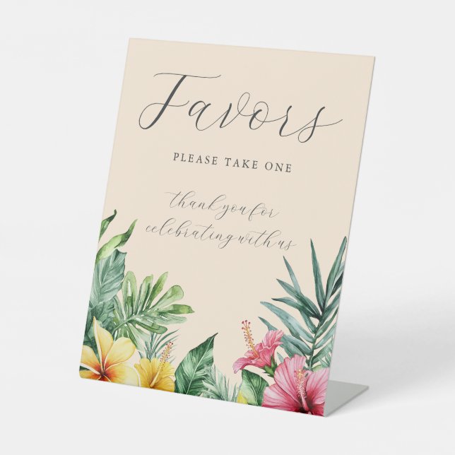 Peach Watercolor Tropical Flowers Wedding Favours Pedestal Sign (Front)