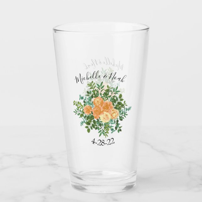 Peach Wedding Classic Floral Roses Glass (Front)