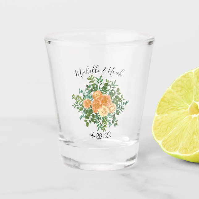 Peach Wedding Classic Floral Roses Shot Glass (Front)