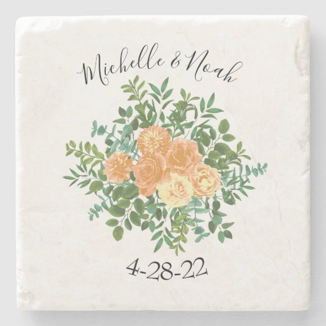Peach Wedding Classic Floral Roses Stone Coaster (Front)
