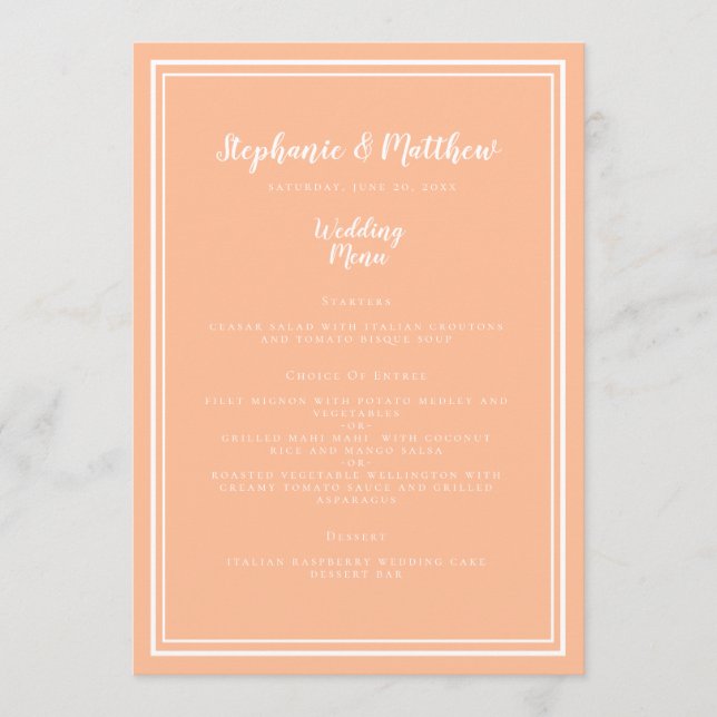 Peach Wedding Dinner Menu Guest Modern Place Card (Front)
