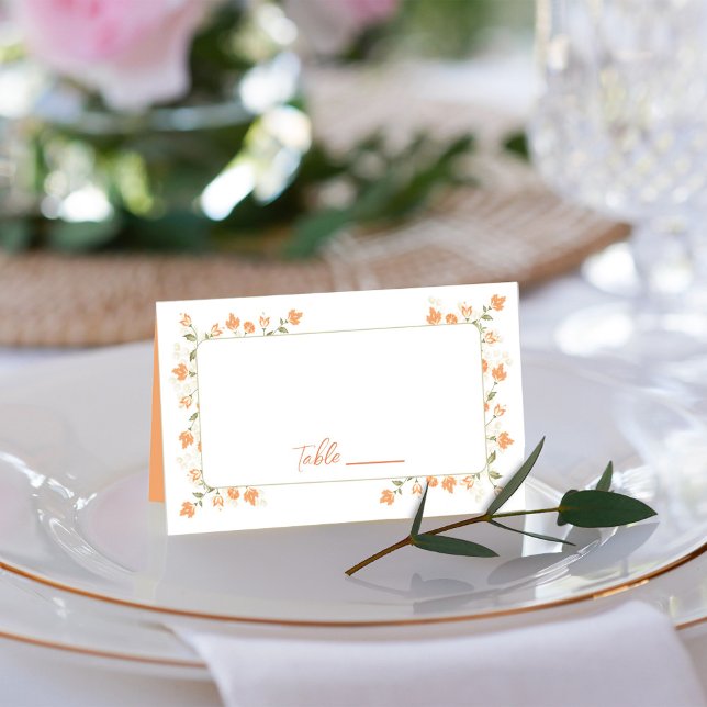 Peach Wedding Guest Name and Table Number Place Card (Peach floral foliage calligraphy script table number card.)