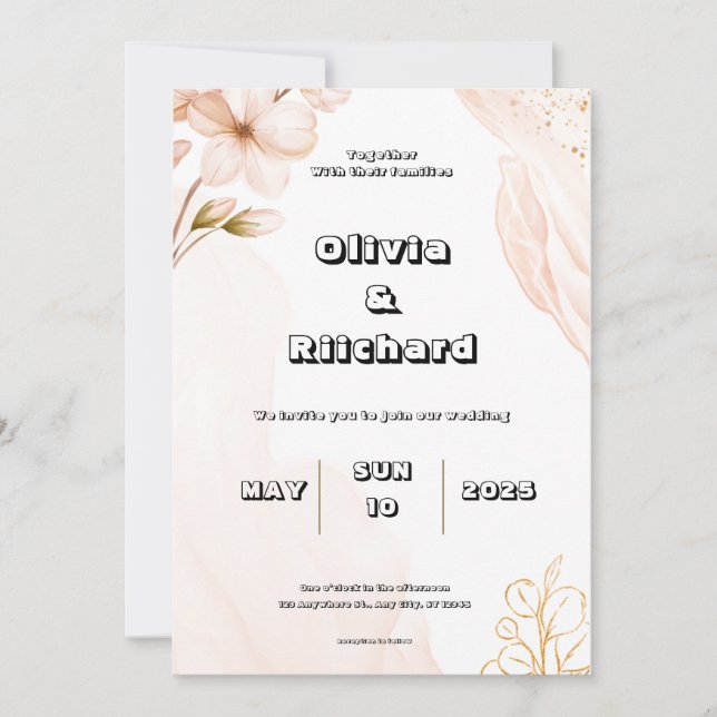 Peach Wedding Invitation with Watercolor Flowers (Front)