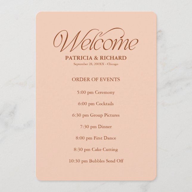 Peach Wedding Order of Events Timeline Schedule Programme (Front)
