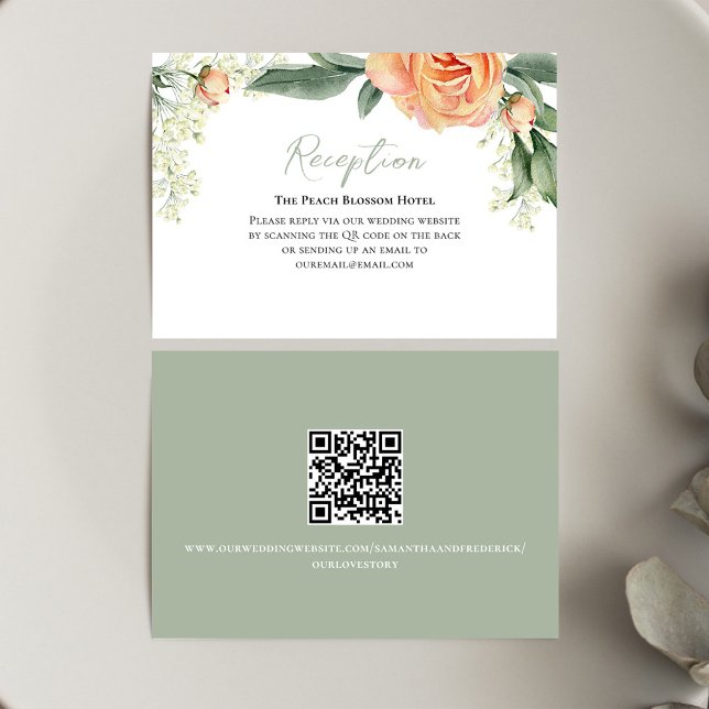 Peach Wedding Reception Floral QR Code  Enclosure Card (Wedding reception card with watercolor peach floral design.)
