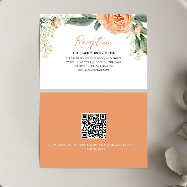 Peach Wedding Reception Floral QR Code Enclosure Card (Wedding reception card with watercolor peach floral design.)