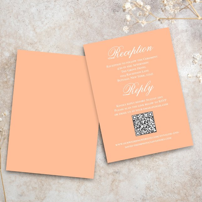 Peach Wedding Script RSVP Reception  Enclosure Card (Peach reception and reply card with a scannable QR code.)