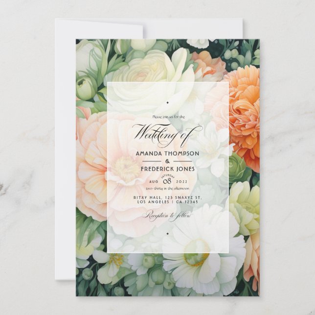 Peach, White and Green Floral Wedding Invitation (Front)