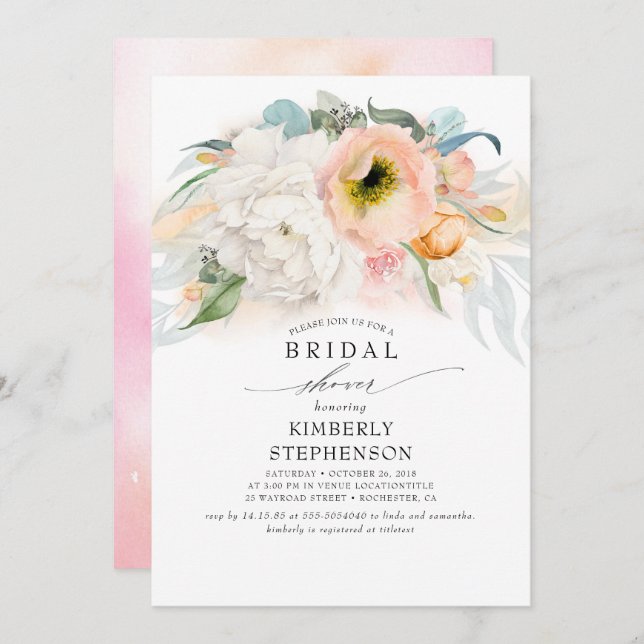 Peach White and Pink Floral Bohemian Bridal Shower Invitation (Front/Back)