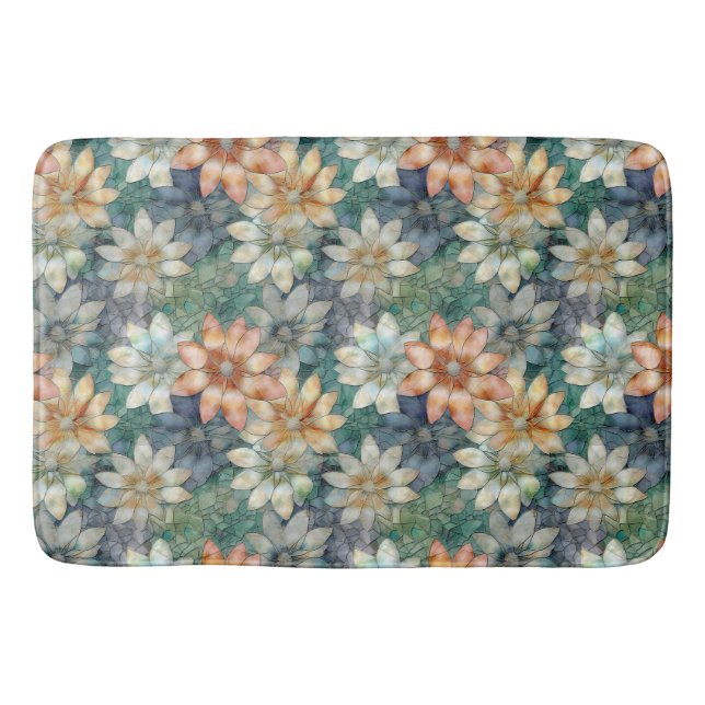 Peach White Blue Green Floral Bath Mat (Front)