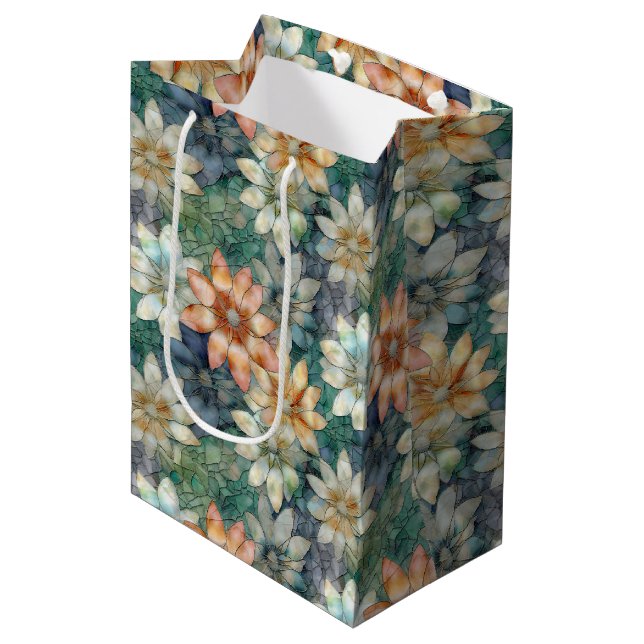 Peach White Blue Green Floral Medium Gift Bag (Front Angled)
