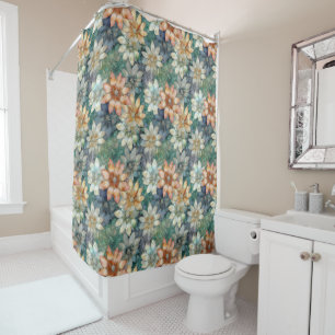 Peach White Blue Green Floral Shower Curtain