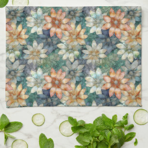Peach White Blue Green Floral Tea Towel