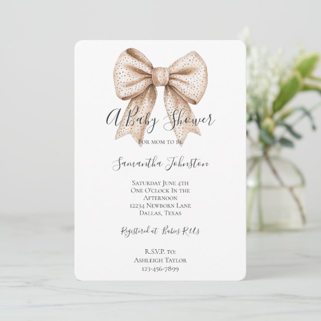 Peach White Bow Baby Shower Invitation (Standing Front)