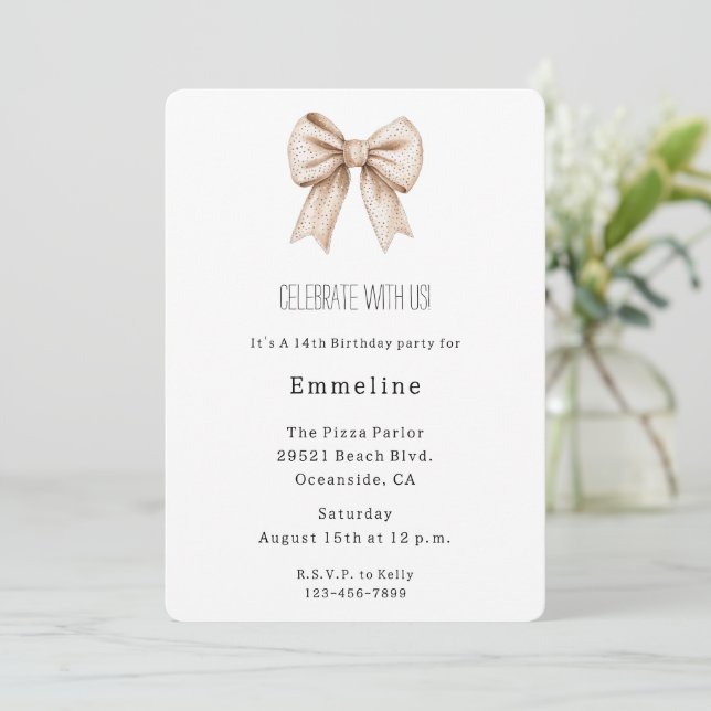 Peach White Bow Birthday Invitation (Standing Front)
