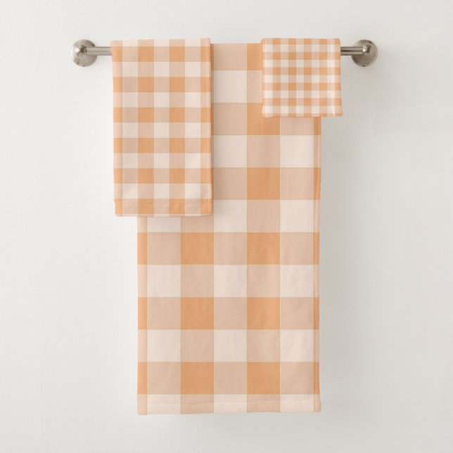 Peach White Chequered Gingham Pattern Bath Towel Set (Insitu)