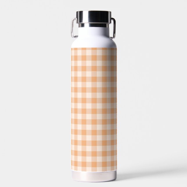 Peach White Chequered Gingham Pattern Water Bottle (Front)