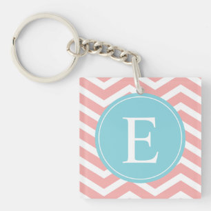 Peach White Chevron Blue Monogram Key Ring