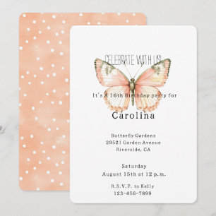 Peach White Dots Butterfly Birthday Invitation