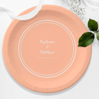 Peach White Elegant Modern Wedding  Paper Plate