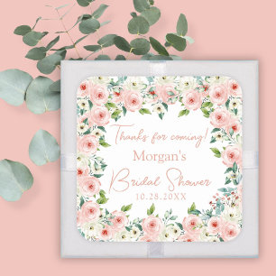 Peach White Floral Bridal Shower Favour Square Sticker