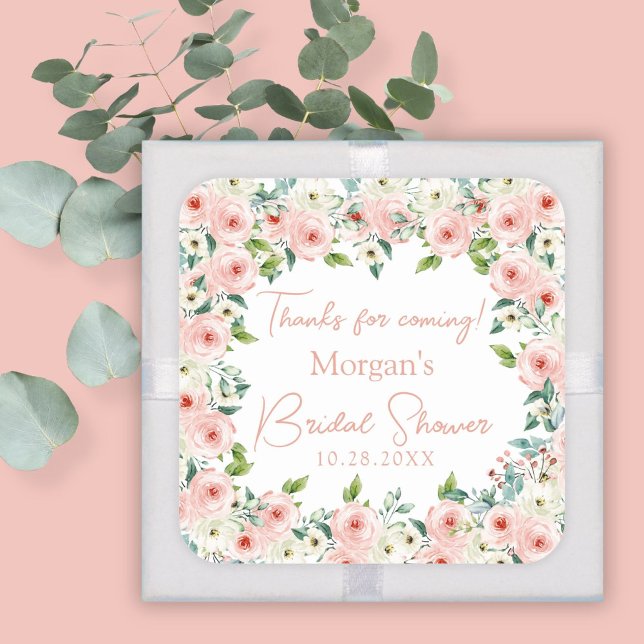 Peach White Floral Bridal Shower Favour Square Sticker (Creator Uploaded)