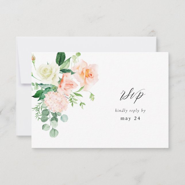 Peach & White Floral w Meal RSVP V3 2 Card (Front)