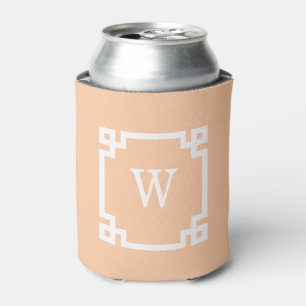 Peach White Greek Key Frame #2 Initial Monogram Can Cooler