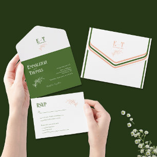 Peach White + Green Simple Modern Wedding All In One Invitation