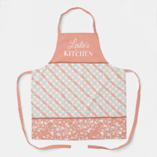 Peach White Grey Floral & Diagonal Plaid Monogram Apron