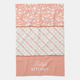 Peach White Grey Floral & Diagonal Plaid   Tea Towel