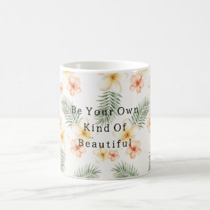 Peach White Hibiscus Flowers Green Leaves Coffee Mug