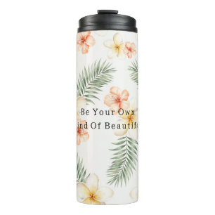 Peach White Hibiscus Flowers Green Leaves Thermal Tumbler