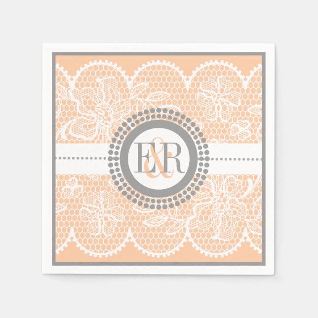 Peach, white lace pattern wedding napkin (Front)